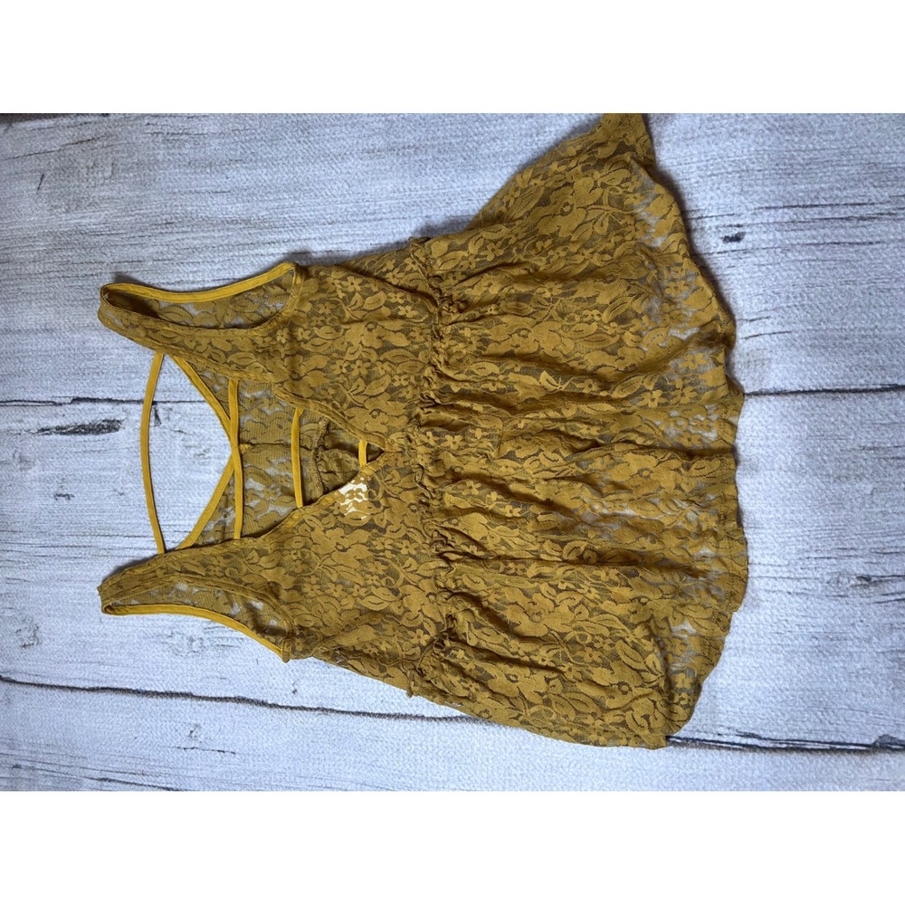 H.I.P. Lace Peplum Tank Top Womens Medium Mustard Yellow Boho Strappy Back - Picture 5 of 5